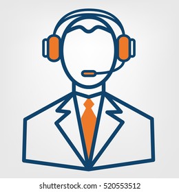 Call center support vector sign, man in handsfree headphones icon