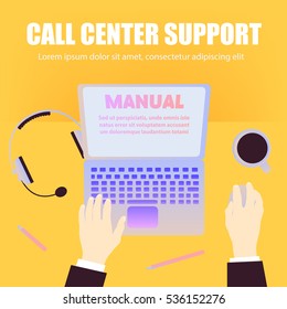 Call center support workers workspace with laptop, pencils, coffee, headphones on orange background and space for text. Flat design, top view, office table desk.