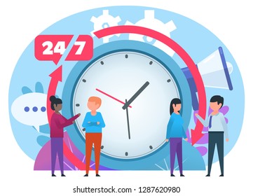 Call center, support working 24/7. Small people stand near big watches. Poster for social media, web page, banner, presentation. Flat design vector illustration