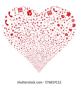 Call Center Symbols fireworks with heart shape. Vector illustration style is flat red iconic symbols on a white background. Object salute done from scattered icons.