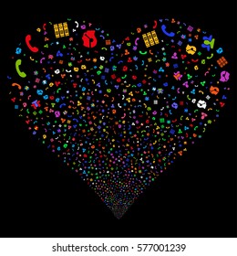 Call Center Symbols fireworks with heart shape. Vector illustration style is flat bright multicolored iconic symbols on a black background. Object valentine heart made from confetti pictographs.
