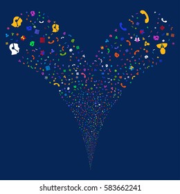 Call Center Symbols fireworks stream. Vector illustration style is flat bright multicolored iconic symbols on a blue background. Object double fountain combined from random symbols.