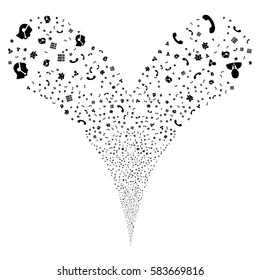 Call Center Symbols fireworks stream. Vector illustration style is flat black iconic symbols on a white background. Object double fountain organized from random design elements.