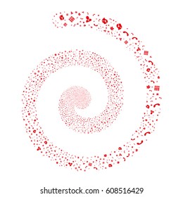 Call Center Symbols fireworks whirl spiral. Vector illustration style is flat red scattered symbols. Object vortex constructed from random pictographs.