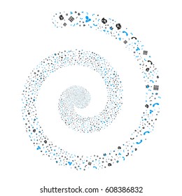Call Center Symbols fireworks whirlpool spiral. Vector illustration style is flat bicolor blue and gray scattered symbols. Object whirlpool made from scattered pictograms.