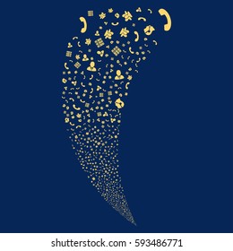 Call Center Symbols random fireworks stream. Vector illustration style is flat yellow iconic symbols on a blue background. Object fountain made from scattered symbols.