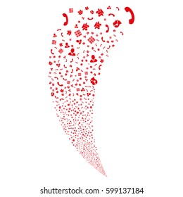 Call Center Symbols random fireworks stream. Vector illustration style is flat red iconic symbols on a white background. Object fountain done from scattered pictograms.