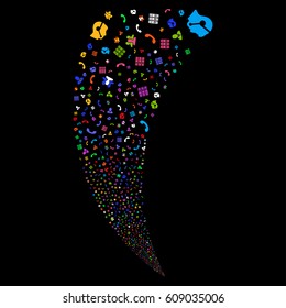 Call Center Symbols random fireworks stream. Vector illustration style is flat bright multicolored iconic symbols on a black background. Object fountain organized from scattered pictographs.