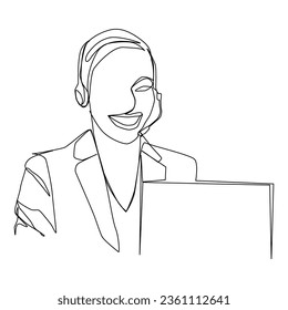 Call Center spricht mit Kunden und arbeitet an Computern, eine handgezeichnete Vektorgrafik auf weißem Hintergrund.