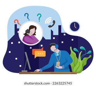 Call Center spricht auf Desktop-Illustration, Symbol des Kundendienstes, flach einzeln auf weißem Hintergrund