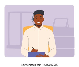 Call Center Technical Receptionist, Customer Support Service Working. Man in Headset Hotline Consultant Character Chatting with Client in Answering Questions. Cartoon People Vector Illustration