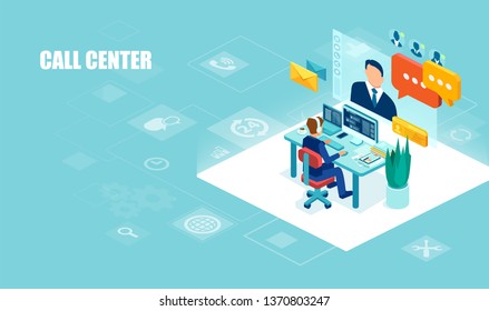 Call center and technical support concept. Vector of a male operator with headset working in the office assisting a client 