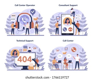 Call center or technical support concept set. Idea of customer service. Support clients and help them with problems. Providing customer with valuable information. Vector illustration in flat style