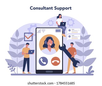 Call center or technical support concept. Idea of customer service. Support clients and help them with problems. Providing customer with valuable information. Vector illustration in flat style