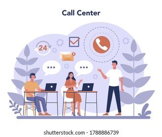 Call center or technical support concept. Idea of customer service. Support clients and help them with problems. Providing customer with valuable information. Vector illustration in flat style