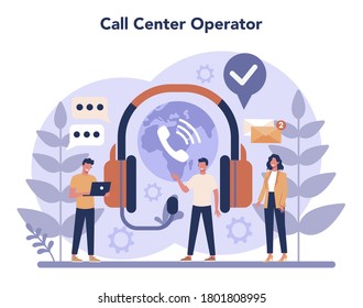 Call center or technical support concept. Idea of customer service. Support clients and help them with problems. Providing customer with valuable information. Vector illustration in flat style