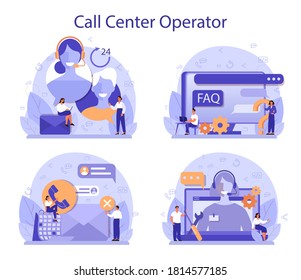 Call center or technical support concept set. Idea of customer service. Support clients and help them with problems. Providing customer with valuable information. Vector illustration in flat style