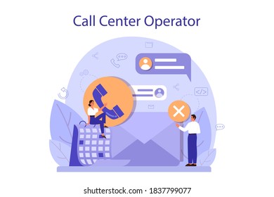 Call center or technical support concept. Idea of customer service. Support clients and help them with problems. Providing customer with valuable information. Vector illustration in flat style