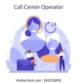 Call center or technical support concept. Idea of customer service. Support clients and help them with problems. Providing customer with valuable information. Vector illustration in flat style