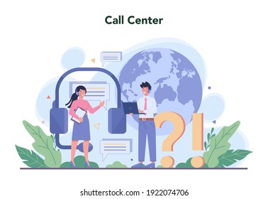 Call center or technical support concept. Idea of customer service. Consult clients and help them with problems. Providing customer with valuable information. Vector illustration in flat style