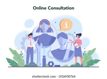 Call center or technical support concept. Idea of customer service. Consult clients and help them with problems. Providing customer with valuable information. Vector illustration in flat style