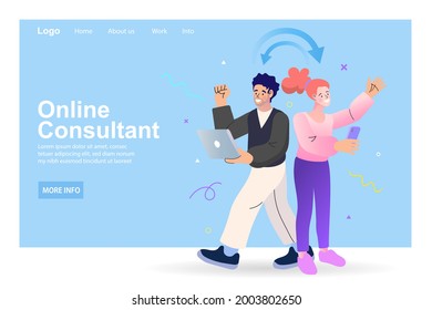 Call center or technical support concept. Idea of customer service. hotline operator advises client. Online assistant, virtual help service smartphone. Vector illustration