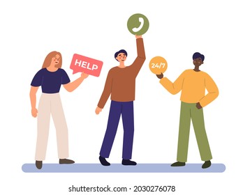 Centro de llamadas o concepto de asistencia técnica. Equipo de apoyo. Contáctenos con nosotros y con el servicio de asistencia al cliente. Asistente en línea. Comunicación de operador de línea directa. Ilustración vectorial aislada en estilo plano.