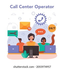 Call center or technical support concept. Idea of a customer service. Consultant helps a customer providing them with valuable information. Vector illustration in flat style