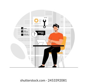 Call center, technical support. Customer service. Hotline operator man consult customer with headsets on tablet. Illustration with people scene in flat design for website and mobile development.