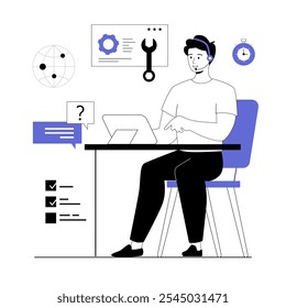 Call center, technical support. Customer service. Hotline operator man consult customer with headsets on tablet. Vector illustration with line people for web design.	
