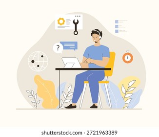 Call center, technical support. Customer service. Hotline operator man consult customer with headsets on tablet. Flat vector illustration.	

