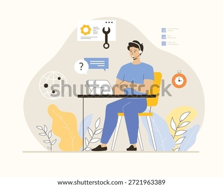 Call center, technical support. Customer service. Hotline operator man consult customer with headsets on tablet. Flat vector illustration.	
