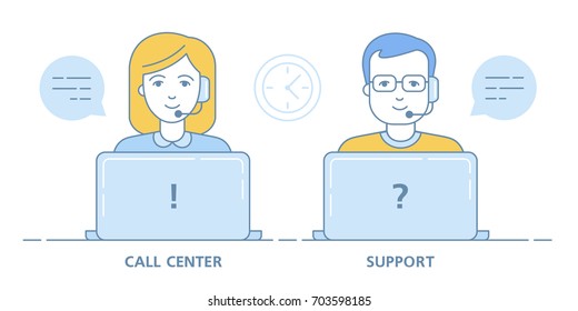 Call center and technical support. Female and male avatars of the hot line. Sale by phone. Linear Art. Vector illustration. Portrait of on a white background.