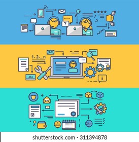 Centre d'appels et support technique. Garantir le consultant en maintenance et la rétroaction, la consultation et la communication d'aide, illustration de l'assistance téléphonique. Ensemble d'icônes fines, de lignes et de contours