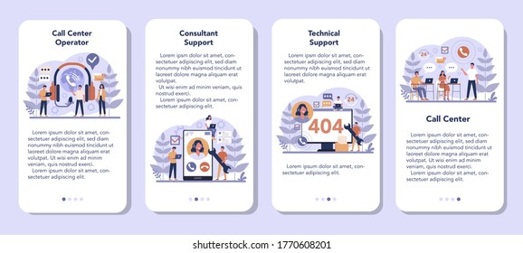 Call center or technical support mobile application banner set. Idea of customer service. Support clients and help them with problems. Providing customer with valuable information. Vector illustration