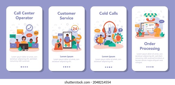 Call center or technical support mobile application banner set. Idea of a customer service. Consultant helps a customer providing them with valuable information. Vector illustration in flat style