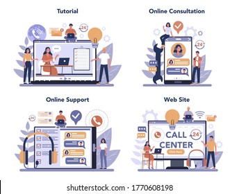 Call center or technical support online service or platform set. Idea of customer service. Providing customer with valuable information. Online consultation, tutorial, web site. Vector illustration