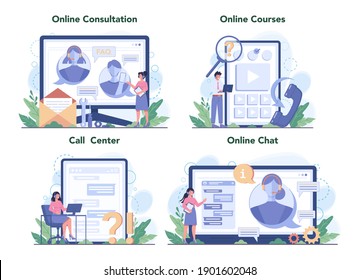 Call center or technical support online service or platform set. Providing customer with information. Help them with problems. Online consultation, course, call center, chat. Vector flat illustration