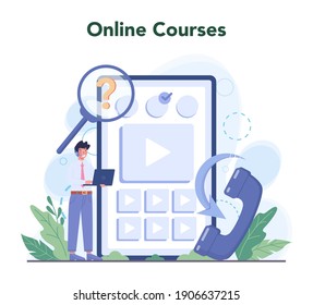 Call center or technical support online service or platform. Providing customer with information. Help them with problems. Online course. Vector flat illustration