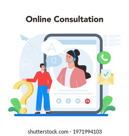 Call center or technical support online service or platform. Idea of customer service. Clients support with valuable information. Online consultation. Vector flat illustration