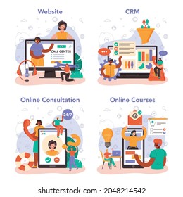 Call center or technical support online service or platform set. Consultant helps a customer providing them with information. Online course, consultation, CRM, website. Flat vector illustration