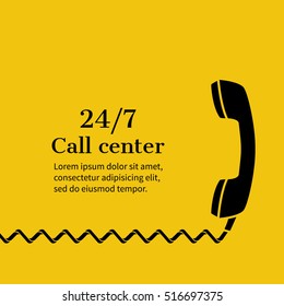 Call center, technical support online. Customer service, concept. Helpline, support service. Abstract background vector illustration, minimalism. Handset, banner template for web, printing, promotion.