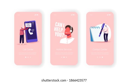 Call Center, Technical Support Service Mobile App Page Onboard Screen Template. Tiny Characters Operator and Client Communication, Solve Clients Problems Concept. Cartoon People Vector Illustration