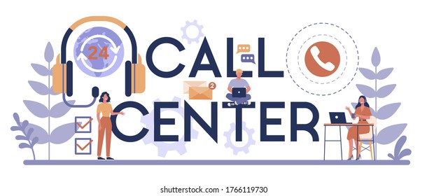 Call center or technical support typographic header concept. Idea of customer service. Support clients and help them with problems. Providing customer with valuable information. Vector illustration