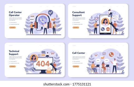 Call center or technical support web banner or landing page set. Idea of customer service. Support clients and help them with problem. Providing customer with valuable information. Vector illustration