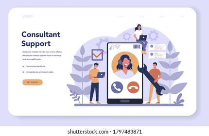 Call center or technical support web banner or landing page. Idea of customer service. Support clients and help them with problems. Providing customer with valuable information. Vector illustration