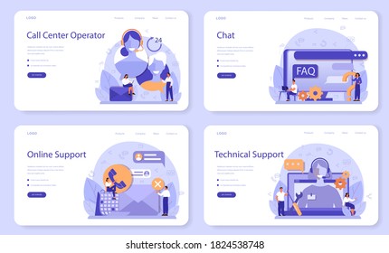 Call center or technical support web banner or landing page set. Idea of customer service. Support clients and help them with problem. Providing customer with valuable information. Vector illustration