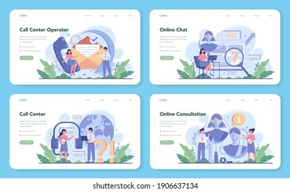 Call center or technical support web banner or landing page set. Consult clients and help them with problems. Providing customer with valuable information. Vector illustration in flat style