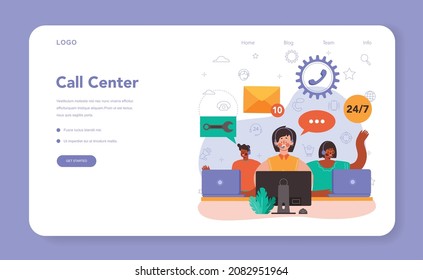 Call center or technical support web banner or landing page. Idea of a customer service. Consultant helps a customer providing them with valuable information. Vector illustration in flat style
