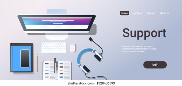 Call Center Technician Support Service Consulting Concept Top Angle View Desktop Computer Smartphone Headphones Organizer Office Stuff Horizontal Copy Space